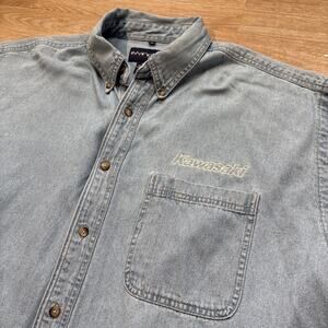 Vintage 80s 90s Kawasaki Denim Button Up Long Sleeve Embroidered XXL Swingster